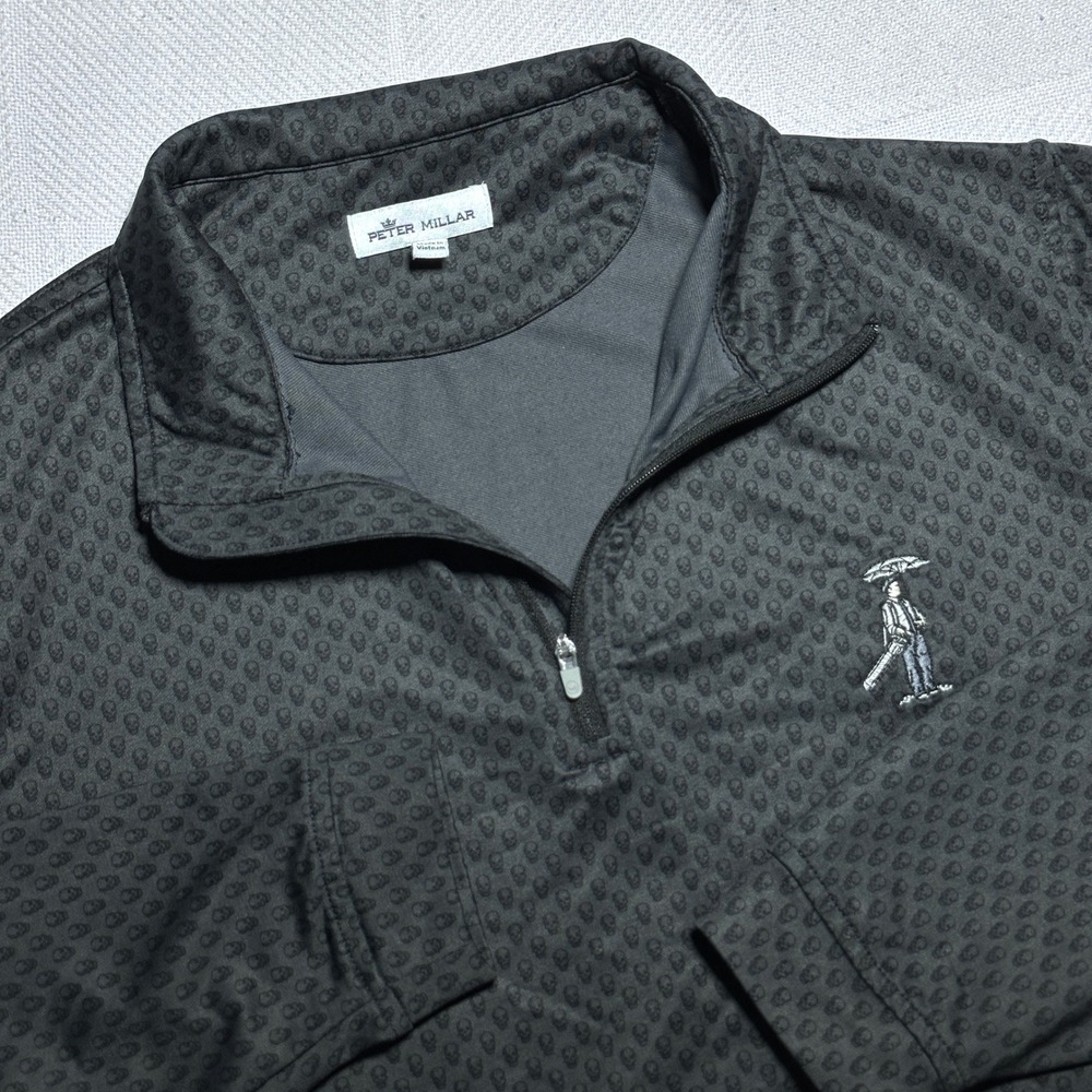 Peter Millar 1/4 Zip Golf Pullover Mens Medium Skull Print Black Glen Oak CC
